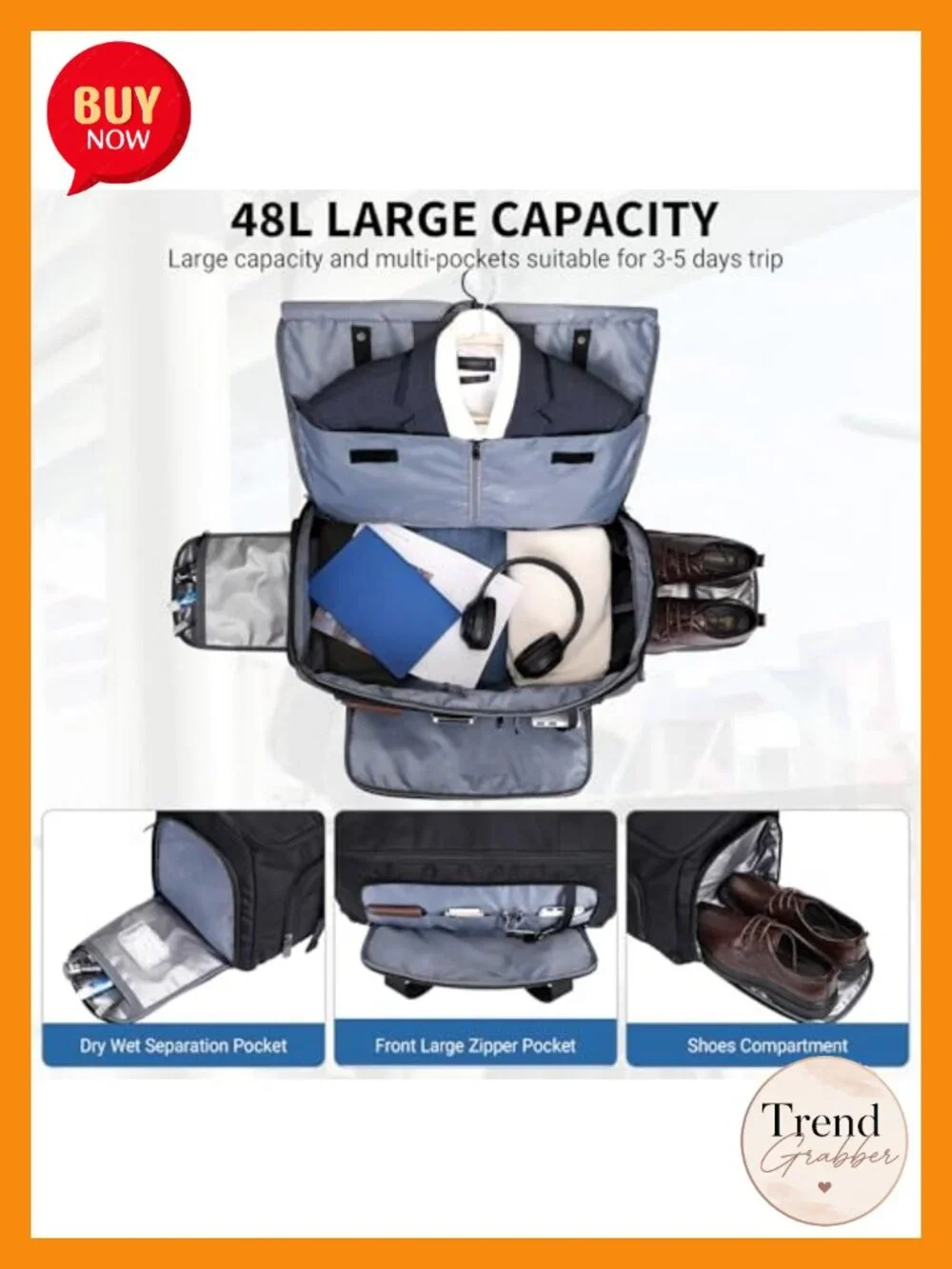 Men's 48L Convertible Garment Duffle Bag Travel Suit Carrier Shoe Compartment